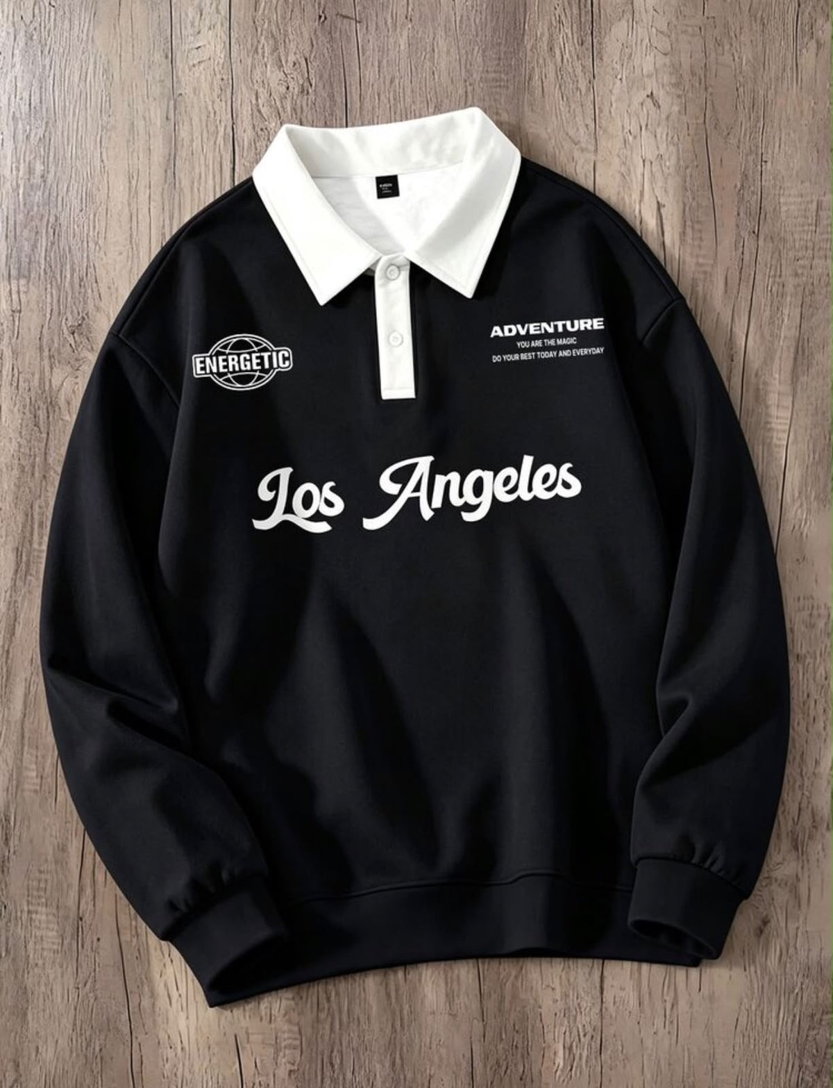 Sudadera Negra con Cuello Blanco de Botones Talla L